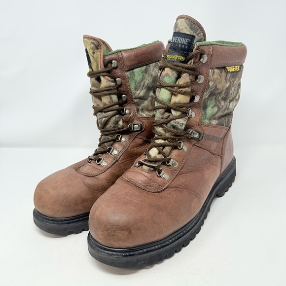 Wolverine Leather Work Boots Mens Sz 12 Brown Camo Gore-Tex Insulated Mid Calf - Picture 1 of 14